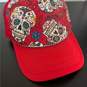 Colorful Skull Print Red Trucker Hat